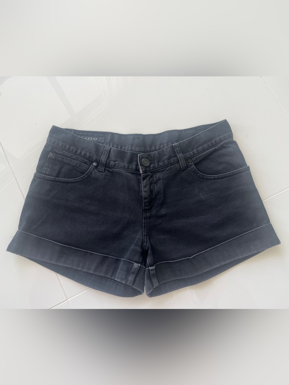 Gucci Black Denim Shorts with Branded Button and Patch on Back Pocket